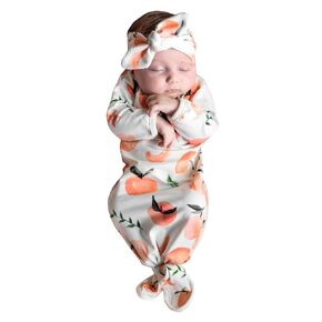 Handmade Soft cotton peach baby gown and headband set, stretchy knotted pajamas (0-3 months), sleeper, baby shower gift first photos