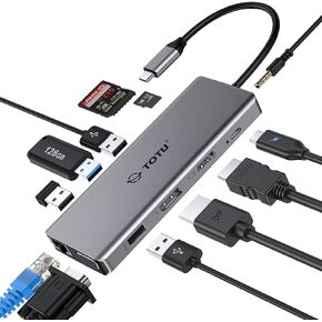 USB C Hub, TOTU Upgraded 13 in 1 Type C Hub to 4K HDMI & DP, VGA, 2 USB3.0/2 USB2.0/75W PD, Triple Display Docking Station for MacBook Pro and Windows USB C Systems, macOS only Support Mirror 1