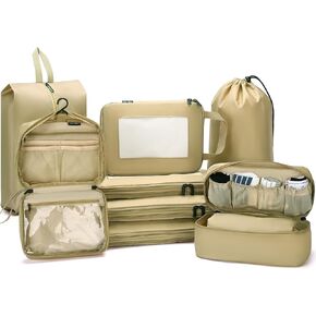 Dec-Mec Compression Packing Cubes for Travel, 8 Set Packing Cubes with Toiletry Bag for Travel Accessories Luggage Suitcase Organizers Bag, Travel Essentials or Women/Men (Tan,8pc)