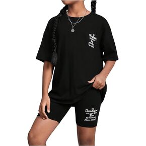 OYOANGLE Girl's 2 Piece Outfits Letter Graphic Print Short Sleeve Tee Top and Biker Shorts Tracksuit Workout Set