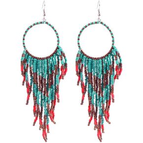 Boho Long Fringe Drop Dangle Statement Earrings for Women Girls Hademade Ball Beads Hoop Tassel Chain Woven Dangling Hook Chandelier Tribal Exaggerated Dream-catcher Jewelry