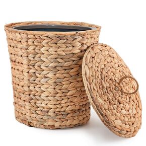 KOLWOVEN Wicker Trash Can with Lid in Bedroom, Bathroom - Trash Can in Office - Boho Woven Wicker Waste Basket - Office Garbage Cans for Under Desk (Water Hyacinth, Medium (D11 X H11))