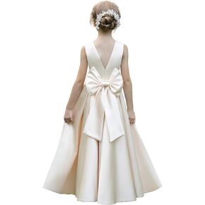 HEWEGO Satin Flower Girl Dresses for Wedding Floor Length Backless Princess Pageant Dress with Bow Pearls Proms Ball Gowns