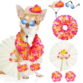 6 Pcs Halloween Pet Dog Hawaiian Costume Includes Dog Tutu Skirt Dog Sunglasses Summer Grass Dog Dresses with Straw Hat and Garland Dog Outfit Dog Costumes for Dogs Puppy Hawaii Luau Party Supplies