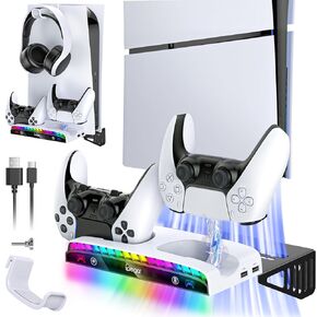 Wall Mount Kit for PS5 Slim/PS5 with Charging Station, PS5 Shelf Floating Mount, Dual Controller Chargers with Multi-Mode RGB Light, Headset Holder & 3 USB Hubs for Playstation 5 Slim (Disc & Digital)