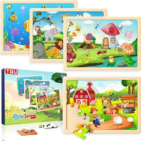 TQU Wooden Puzzles Toys for Kids Ages 4-6 3-5, Set of 4 Packs with 24-Piece, Farm, Zoo, Insects, Sea Animals Wood Jigsaw Puzzles, Preschool Educational Brain Teaser Toys