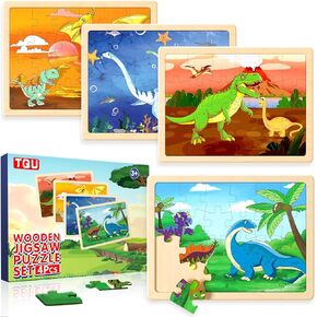 TQU Wooden Puzzles Toys for Kids Ages 4-6 3-5, Set of 4 Packs with 24-Piece, Farm, Zoo, Insects, Sea Animals Wood Jigsaw Puzzles, Preschool Educational Brain Teaser Toys