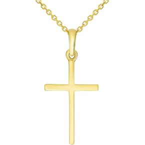 Jewelry America 14k Solid Yellow Gold Classic Small Religious Cross Charm Pendant with Cable, Curb, or Figaro Chain Necklaces