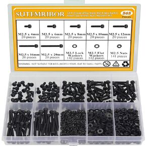 565 Pieces M2.5 Screws Nuts Washers Set Black, Sutemribor M2.5 x 4/6/8/10/12/16/20mm Hex Socket Head Cap Screws Nuts Washers Assortment Kit, 12.9 Grade Alloy Steel, Fully Threaded