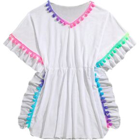 Verdusa Girl's V Neck Dolman Sleeve Chiffon Pom Pom Ruffle Trim Cover Up Swimwear