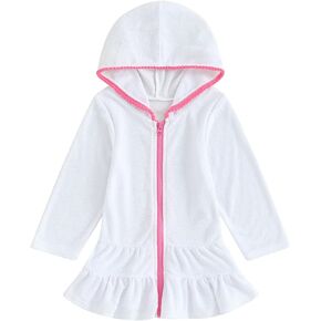 MAYUMMPY Kids Girl Swim Cover Up Swimsuit Zipper Beach Pool Bathing Suit Hoodie Dress Terry Coverup Swimwear (White, 7-8 Years)