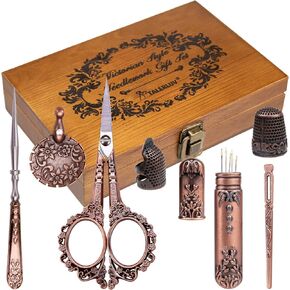 Vintage Embroidery Scissors Kit, Victorian Needlework Gift Set with Antique Shear, Thread Cutter, Thimbles, Needles, Awl, Bodkin, Winding Board for Sewing, Knitting, Cross Stitch, Quilting