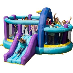 Sportspower INF-2415 Whack-A-Play منزل قفز قابل للنفخ مع طوق كرة السلة ومنزلق ومنفاخ سريع النفخ: يوصى به للأعمار من 3 إلى 8 سنوات، أزرق/أرجواني وأصفر، 13'x12'x7.83'