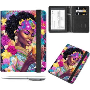 Passport and Vaccine Card Holder Combo,Passport Holder Passport Wallet,Black Leather Travel Documents Organizer Protector,with RFID Blocking,for Women and Men,Credit Card,African Sunflowers Girl