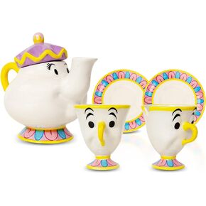 Ukonic Disney Beauty and the Beast Mrs. Potts Teapot Set With 2 Chip Cups and Saucers