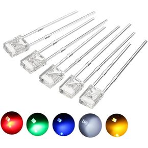 Cleiscry 100PCS 2X3X4 Diffused Len Square LED Red Light-Emitting Diode White Yellow Red Green Blue Electronic DIY Kit (5 Colors (R,G,B,Y,W), 2X3X4 Diffused Len)