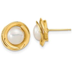 Diamond2Deal Gift for Mothers Day 14k Yellow Gold 6-7mm White Button Freshwater Cultured Pearl Stud Earrings (L-11.2 mm W-10.5 mm)