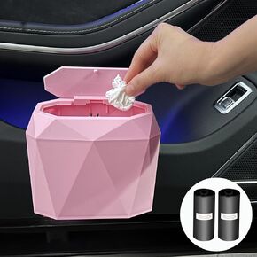 Lsyomne Car Trash Can Bin with Lid, Small Car Garbage Can with 60pcs Trash Bags Leakproof Mini Car Accessories Trash Car Dustbin Organizer Container for Car Home & Office, Pink