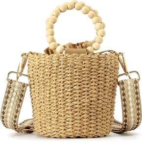 Herald Handmade Straw Top Handle Satchel Handbag for Women, Chic Woven Drawstring Bucket Crossbody Shoulder Purse