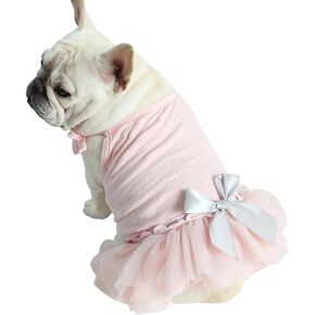 Moorfowl French Bulldog Princess Pink Tutu Dress Summer Vest Gauze Skirt for Pug Corgi Doggie Party Tulle Dress with Bowknot Wedding DressFashion Outfits (M(Back 12.59"-13.38",Chest 21.25"-22.83"))