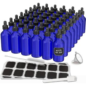 Nevlers 48 Pack Blue Glass Dropper Bottles 2 oz | Cobalt Tincture Bottles with Droppers for Oils | Includes Blue Glass Bottle with Dropper, Funnel, Brush, & Marker | Leakproof Mini Dropper Bottles