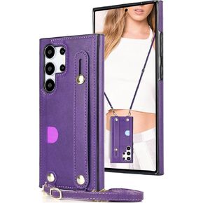 CCSmall for Samsung Galaxy S24 Ultra Case (Not S24) with Stand for Women, Crossbody Lanyard & Wristlet Strap Case Phone Cover for Samsung Galaxy S24 Ultra KB Black