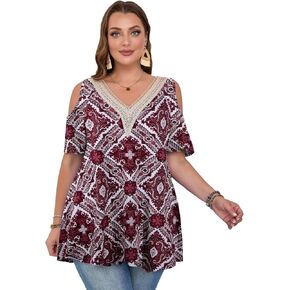 LARACE Cold Shoulder Tops for Women, Plus Size Summer Tops, V Neck Short Sleeve Lace Tunic Tops to Wear with Leggings