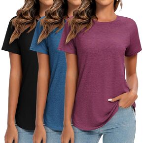 Ficerd 3 Pcs Women Short Sleeve Shirts Curved Hem Top Round Neck Tunics Side Split Summer Blouse for Women