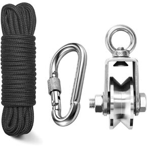 TooTaci 48MM Stainless Steel Crane Pulley Block,Heavy Duty Pulley System for Lifting,V Type Swivel Hook Single Pulley Block with 1/4" Nylon Pulley Rope 33ft & 1pcs Carabiner Snap Hook with Lock