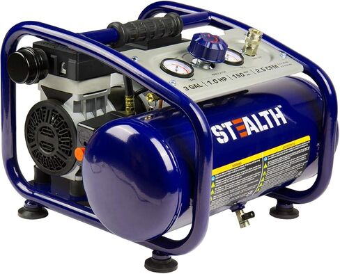 ضاغط هواء ستيلث محمول فائق الهدوء 3 جالون 1 حصان خالي من الزيت 2.5 قدم مكعب في الدقيقة @ 90 رطل لكل بوصة مربعة ضاغط هواء كهربائي، بحد أقصى 150 رطل لكل بوصة مربعة ضاغط هواء محمول للعمل المبتكر في المرآب SAQ-1301 أزرق in Kuwait