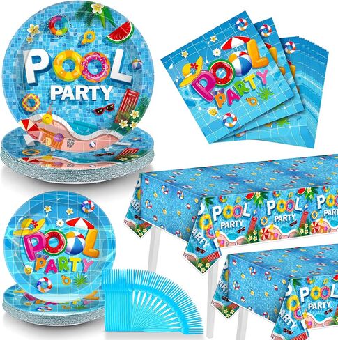 98 Pcs Summer Tableware, Pool Party Decorations Include Pool Tablecloth, Plastic Summer Fork Pool Plates and Napkins, Pool Party Supplies, Pool Dinnerware for Summer, Pool, Beach Party in Saudi Arabia