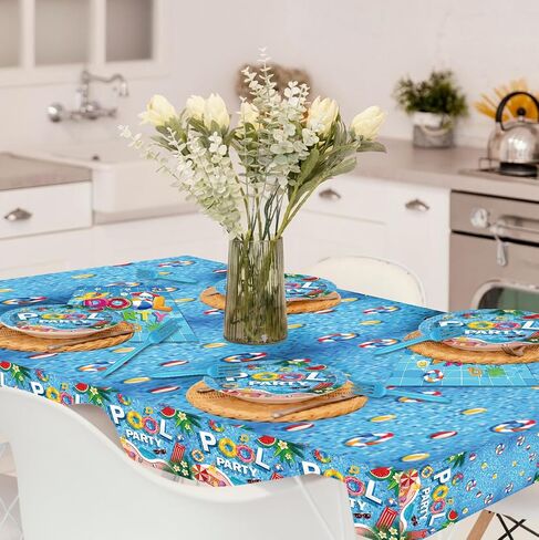 98 Pcs Summer Tableware, Pool Party Decorations Include Pool Tablecloth, Plastic Summer Fork Pool Plates and Napkins, Pool Party Supplies, Pool Dinnerware for Summer, Pool, Beach Party in Saudi Arabia