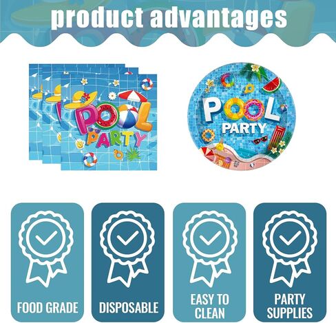 98 Pcs Summer Tableware, Pool Party Decorations Include Pool Tablecloth, Plastic Summer Fork Pool Plates and Napkins, Pool Party Supplies, Pool Dinnerware for Summer, Pool, Beach Party in Saudi Arabia