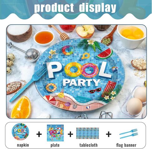 98 Pcs Summer Tableware, Pool Party Decorations Include Pool Tablecloth, Plastic Summer Fork Pool Plates and Napkins, Pool Party Supplies, Pool Dinnerware for Summer, Pool, Beach Party in Saudi Arabia