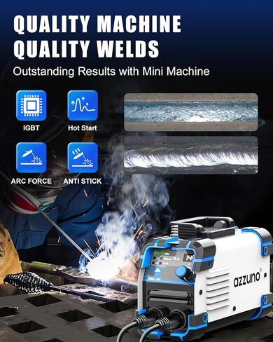 AZZUNO ماكينة لحام صغيرة بقدرة 110/220 فولت، ماكينة لحام قوسية صغيرة MMA/رفع Tig 145A، ماكينة لحام قوسية محمولة مع عاكس IGBT مدمج قوة قوس البدء الساخن المضادة للالتصاق in Kuwait