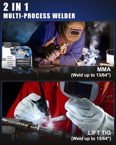 AZZUNO ماكينة لحام صغيرة بقدرة 110/220 فولت، ماكينة لحام قوسية صغيرة MMA/رفع Tig 145A، ماكينة لحام قوسية محمولة مع عاكس IGBT مدمج قوة قوس البدء الساخن المضادة للالتصاق in Kuwait