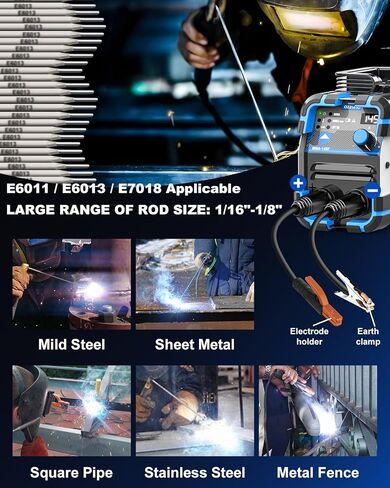 AZZUNO ماكينة لحام صغيرة بقدرة 110/220 فولت، ماكينة لحام قوسية صغيرة MMA/رفع Tig 145A، ماكينة لحام قوسية محمولة مع عاكس IGBT مدمج قوة قوس البدء الساخن المضادة للالتصاق in Kuwait