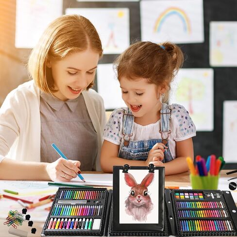 لوازم الفن XKDOUS، مجموعة فنية مكونة من 253 قطعة، مجموعة أدوات رسم فنية مع أقلام ألوان مائية وأقلام تلوين وعصي طلاء زيتي، حامل ثلاثي الطي مزدوج الجوانب للأطفال والبنات والأولاد والمراهقين والمبتدئين in Kuwait