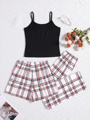 Milumia Girl's 3Pcs Summer Outfits Cami Top with Plaid Long Pants and Shorts Clothing Set in Saudi Arabia