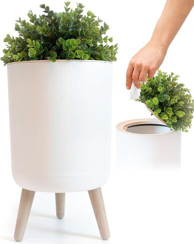 سلة مهملات الحمام الصغيرة من Earth & Mango مع غطاء، سلة قمامة الحمام الصغيرة مع غطاء على شكل نبات، 1.8 جالون، أبيض، مثالية لغرفة النوم والمكتب والحمامات، سلة المهملات التي تبدو مثل النبات in Kuwait