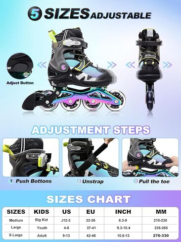 Light up Inline Skates for Kids, 5 Size Adjustable Length and Width Roller Shoes with Full Illuminating Wheels for Girls and Boys, Blades Roller Skates for Beginner Men and Adults in Saudi Arabia