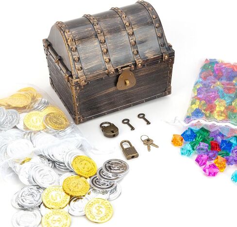 AiFanS Treasure Chest for Kids Prizes,Plastic Treasure Chest with 320 Treasure Gold Coins and Gems/Jewels- Perfect for Pirate Themed Parties and Games in Kuwait