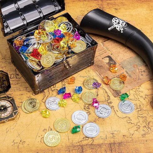 AiFanS Treasure Chest for Kids Prizes,Plastic Treasure Chest with 320 Treasure Gold Coins and Gems/Jewels- Perfect for Pirate Themed Parties and Games in Kuwait