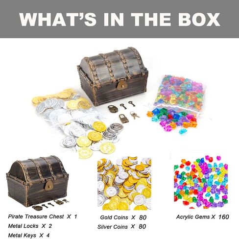 AiFanS Treasure Chest for Kids Prizes,Plastic Treasure Chest with 320 Treasure Gold Coins and Gems/Jewels- Perfect for Pirate Themed Parties and Games in Kuwait