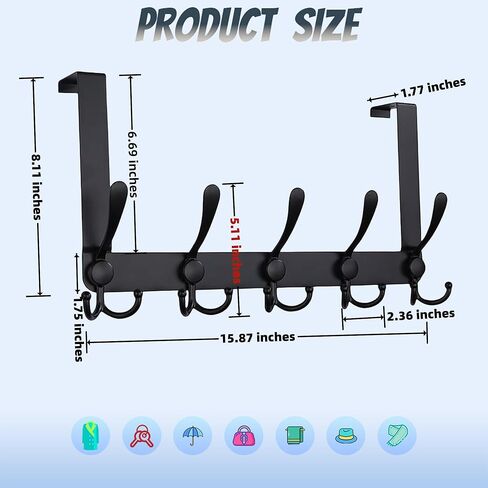Over The Door Hook Towel Hook, Rack for Clothes Garage Hooks Heavy Duty Hooks for Bathroom Closet, Black (2 Pack, 5 Hook, BK) in Saudi Arabia