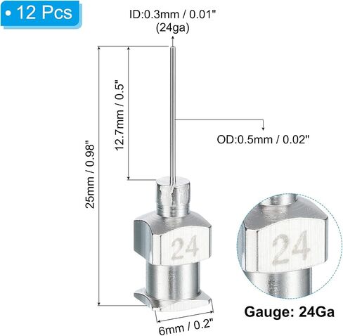 PATIKIL 24Ga x 0.5 بوصة أطراف إبرة توزيع من الفولاذ المقاوم للصدأ، 12 قطعة من أنبوب إبرة الغراء المعدني أطراف حادة قفل Luer لمختبر حبر الغراء السميك، فضي in Saudi Arabia