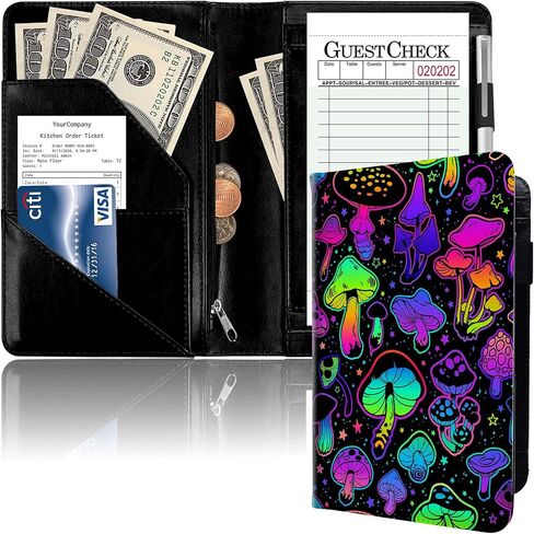 Server Book for Waitress, Leather Waiter Book Server Wallet with Zipper Pocket, Cute Waitress Book & Waitstaff Organizer with Money Pocket Fit Server Apron, Trippy Mushroom in Saudi Arabia