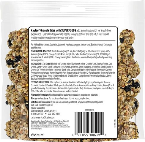 Kaytee Granola Bites with Super Foods Granola Bites and Flax for Pet Birds Conure, Cockatiel, Lovebird, Parakeet, Amazon, African Grey, Ecletus, Pionus, Cockatoos and Macaws, 4.50 Ounce (Pack of 1) in Saudi Arabia