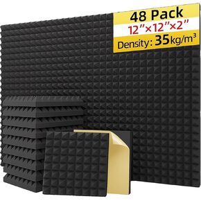 Upgraded 48 Pack Self-Adhesive Acoustic Panels,35kg/m³ High-Density Sound Proof Foam Panels for Walls, 2" X 12" X 12" Fast Expand Soundproof Wall Panels-Absorbs Sound & Eliminates Echoe in Saudi Arabia