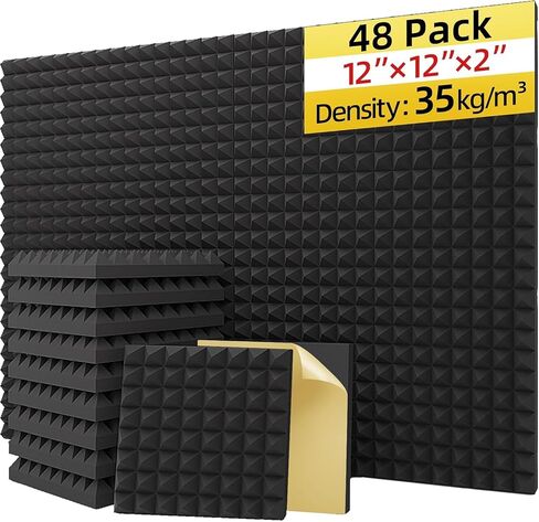 Upgraded 48 Pack Self-Adhesive Acoustic Panels,35kg/m³ High-Density Sound Proof Foam Panels for Walls, 2" X 12" X 12" Fast Expand Soundproof Wall Panels-Absorbs Sound & Eliminates Echoe in Saudi Arabia
